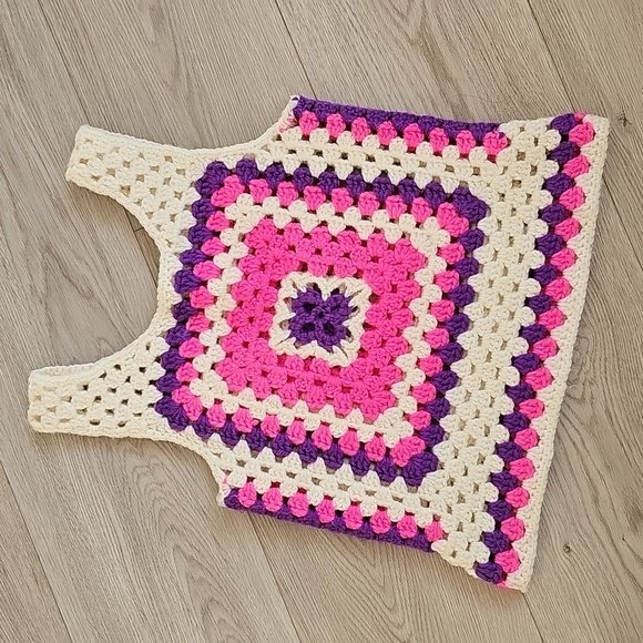 Granny Square Boho Crochet Tank Top Bright Pink And Purple Colors Youth / XXS - Picture 6 of 13